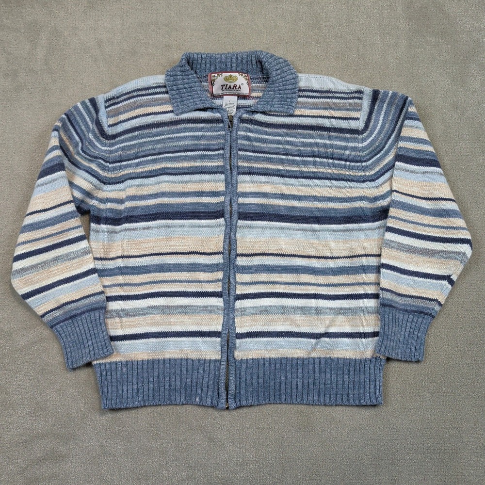 Vintage Tiara International Cardigan Womens Large Blue Striped Full Zip Cotton